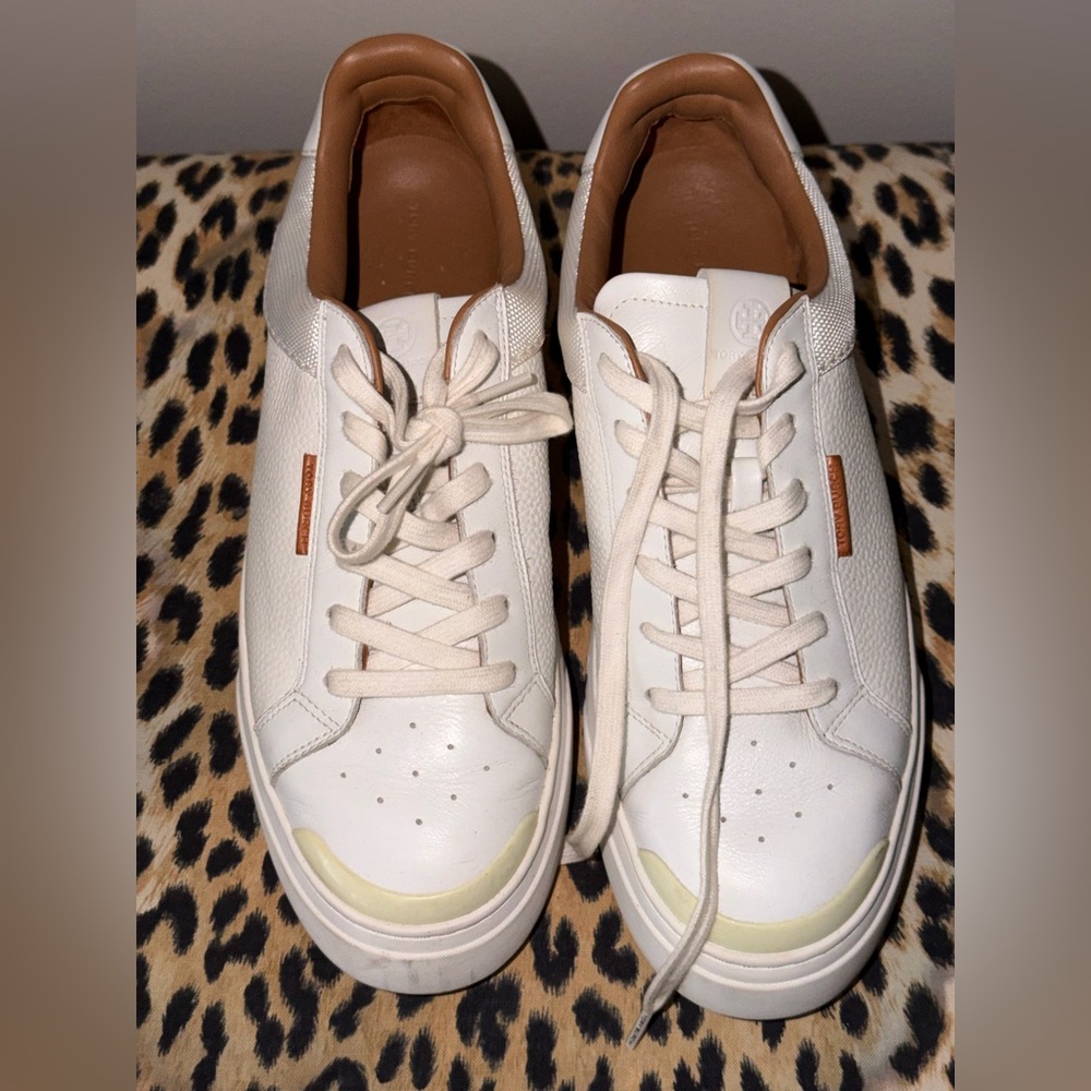 Tory Burch White Leather Sneakers with Tan Accents 12M